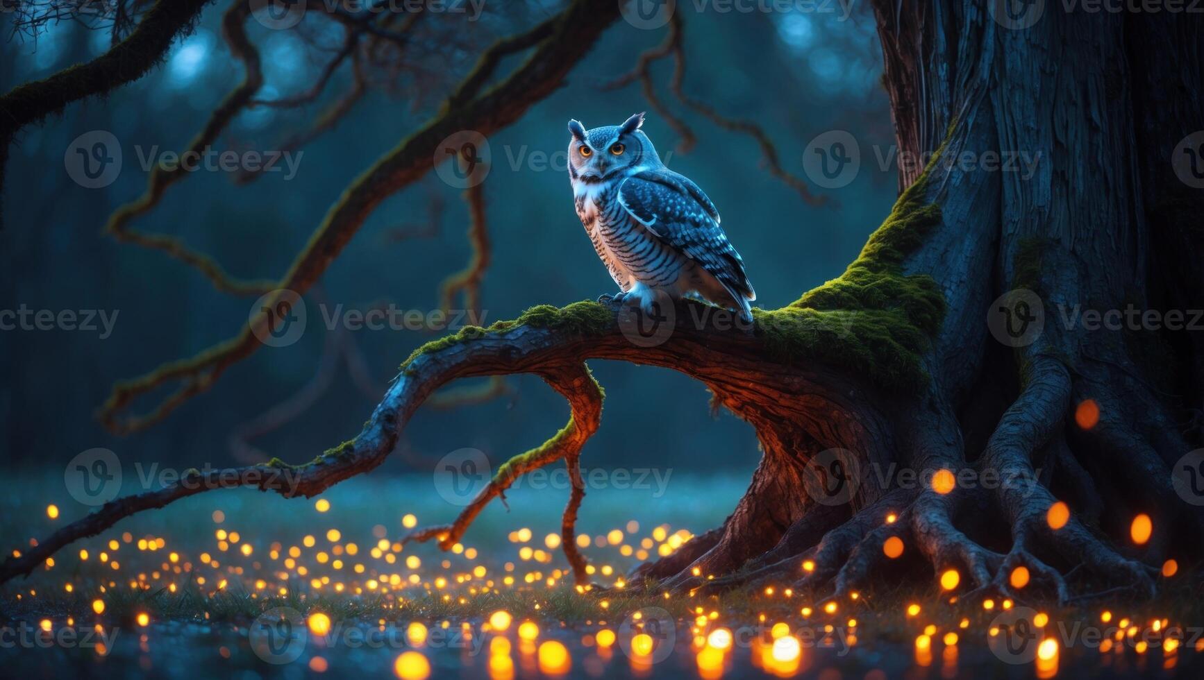 Majestic owl perched on a moss-covered branch in a mystical forest illuminated by glowing lights photo