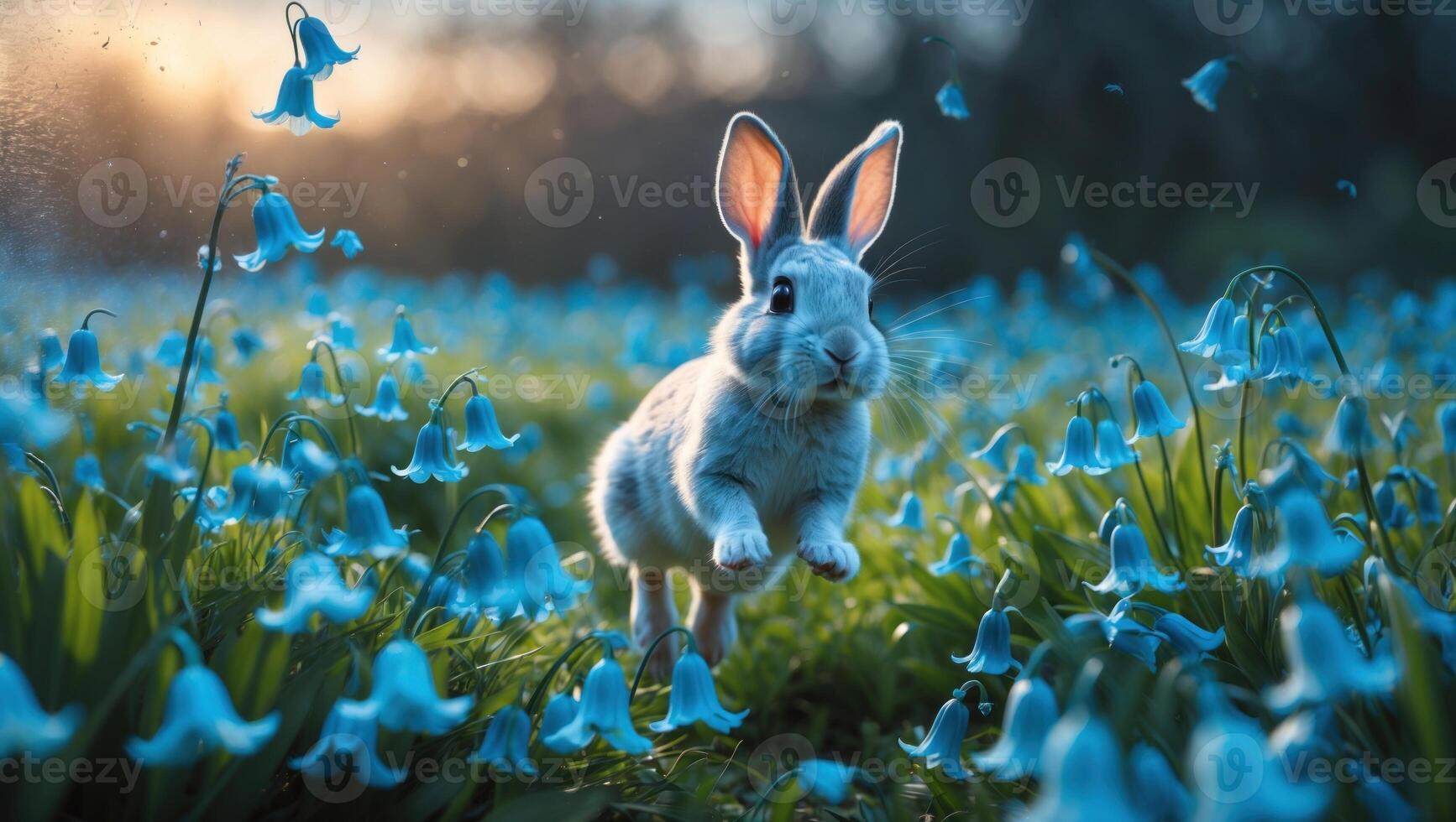 A playful rabbit leaps joyfully through a vibrant field of bluebells at sunset, evoking serenity photo
