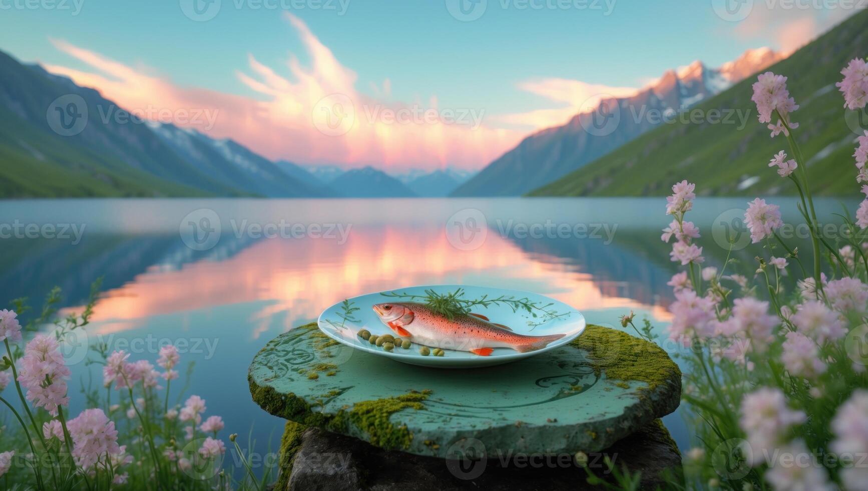 Scenic lakeside view featuring a beautifully arranged plate with a fish, surrounded by vibrant flowers and mountains photo