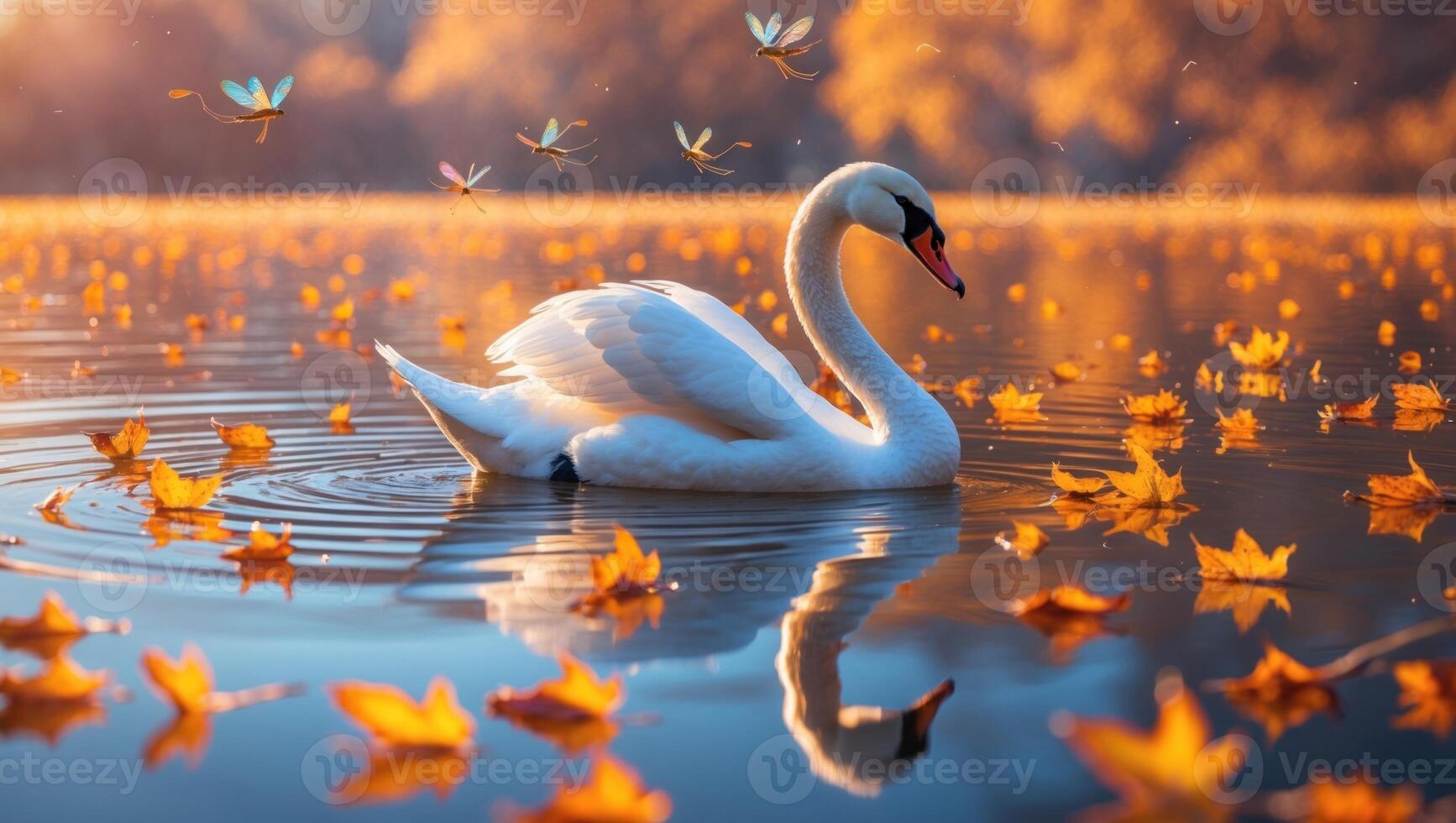 Elegant swan gliding through a serene lake surrounded by autumn leaves and gentle reflections photo