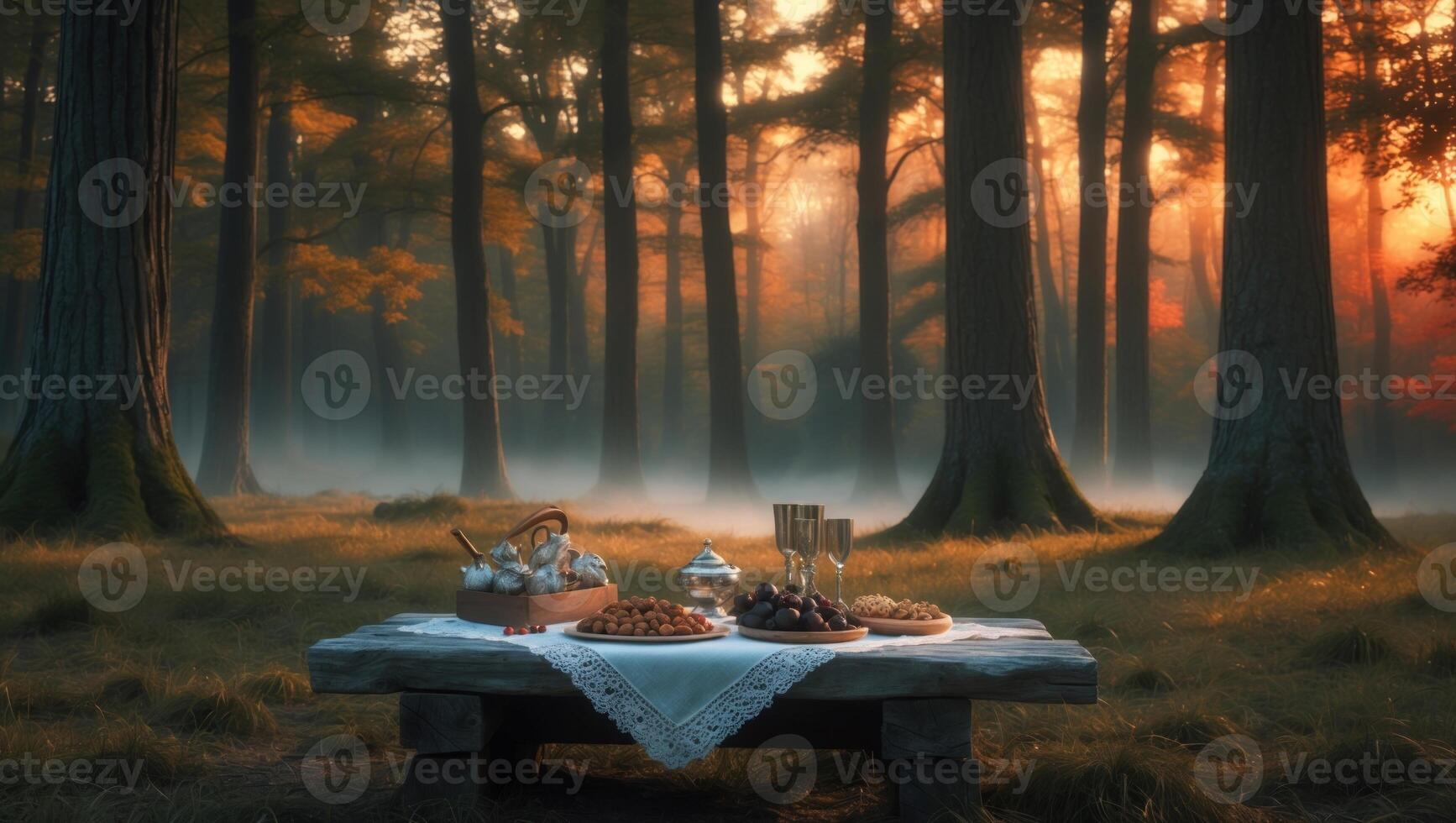 A serene forest setting at sunset featuring a beautifully arranged table of assorted desserts and drinks photo