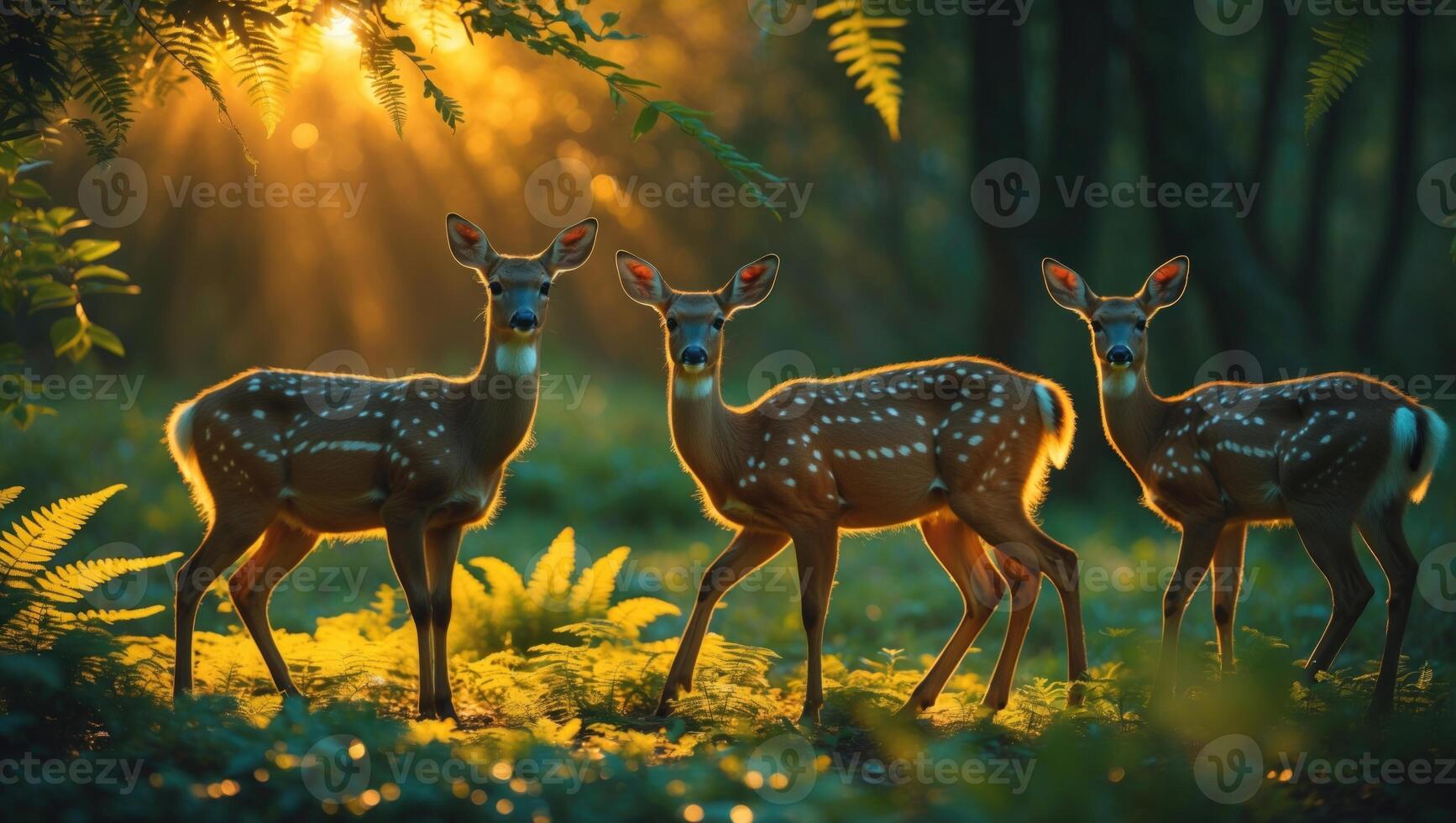 Three spotted deer grazing in a sunlit forest, surrounded by ferns and soft golden light photo