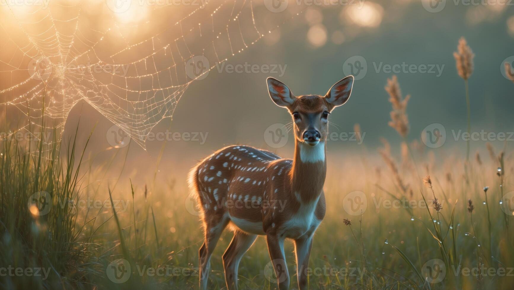Serene young deer standing in a sunlit meadow, surrounded by tall grass and a glistening spider web photo