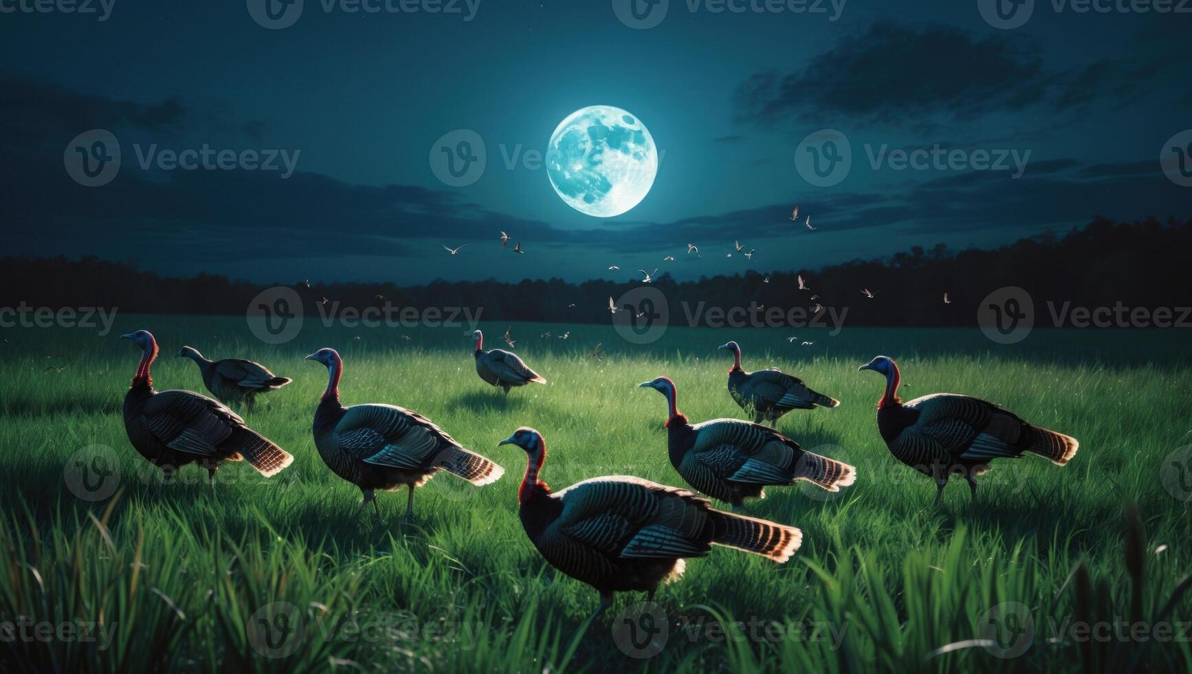 Turkeys grazing in a moonlit field, surrounded by lush grass and a serene night sky photo
