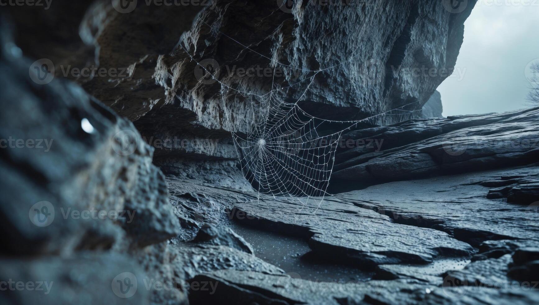 Intricate spider web glistening in a rocky cave, with soft light filtering through the entrance photo