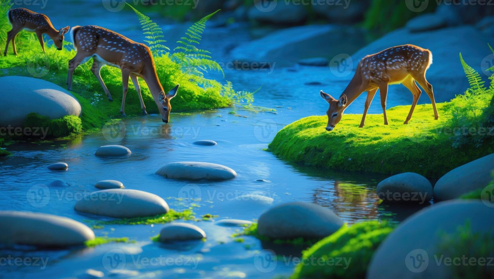 Serene deer drinking from a clear stream surrounded by lush greenery and smooth stones in nature photo