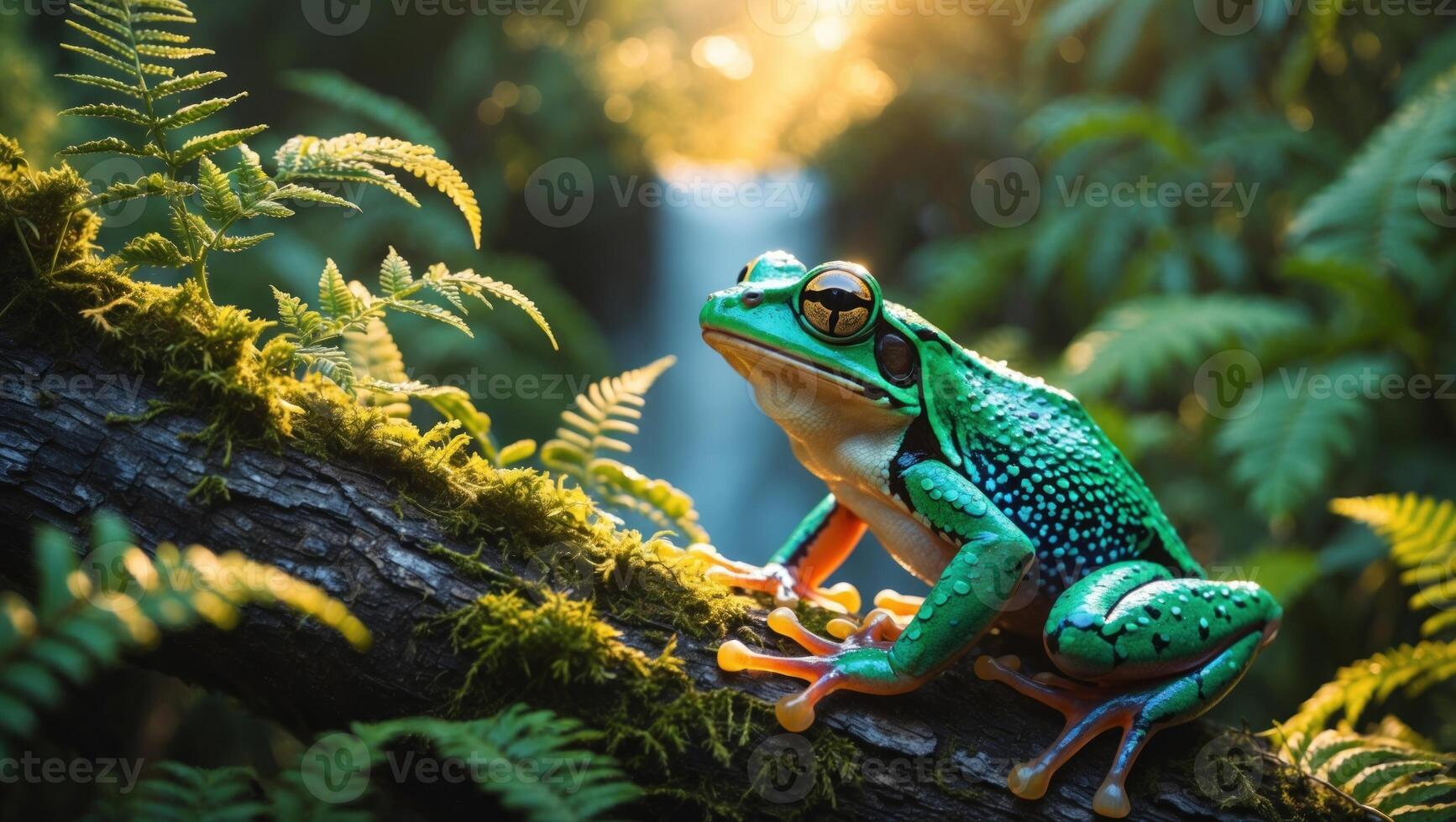 Vibrant green frog perched on a mossy log in a lush forest, with a waterfall in the background photo