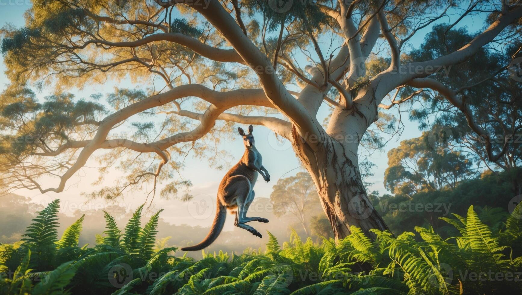 Kangaroo leaping gracefully from a tree in a vibrant green forest during sunrise, showcasing nature's beauty photo