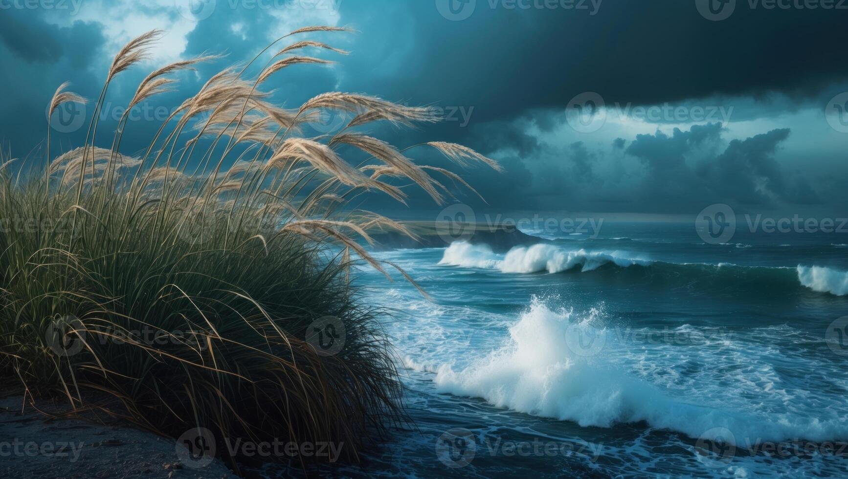 Serene coastal scene at dusk with tall grass swaying, waves crashing, and dramatic clouds overhead photo