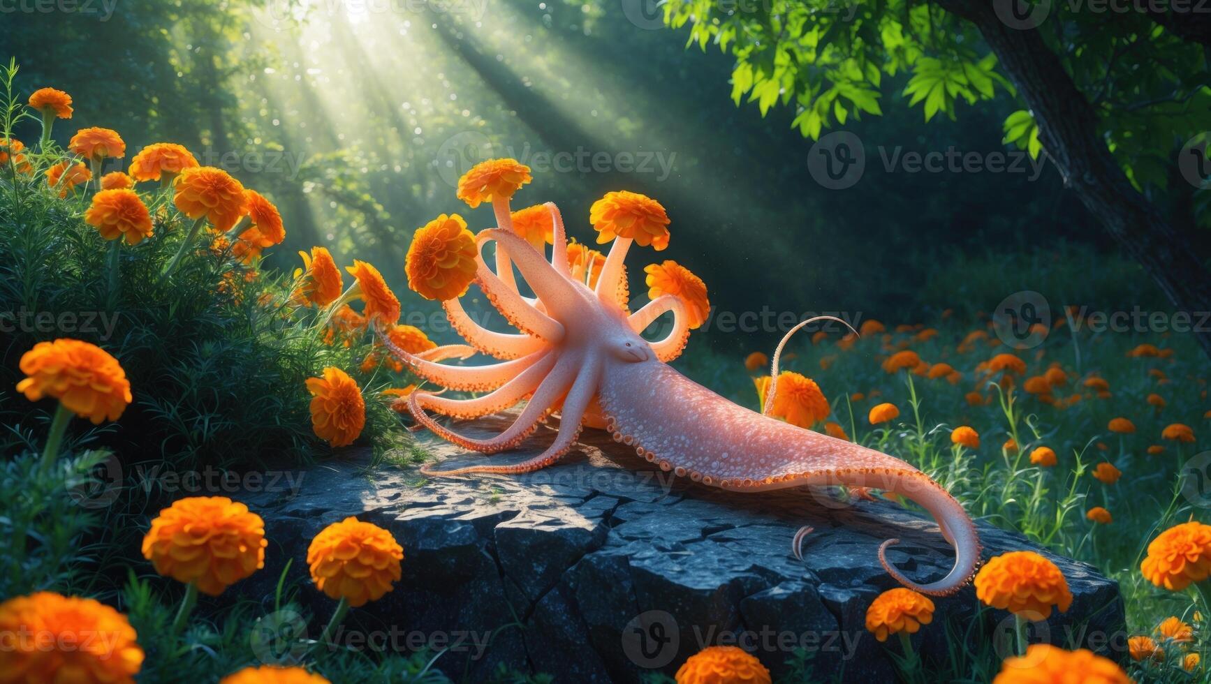 An octopus resting on a rock amidst vibrant orange marigold flowers under soft sunlight photo