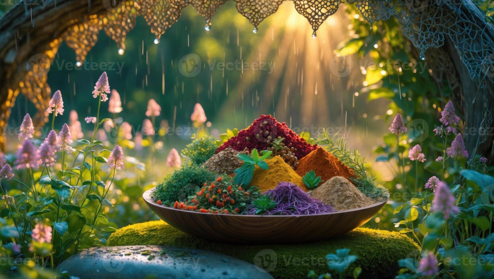 Vibrant display of colorful spices arranged in a bowl surrounded by lush greenery and soft sunlight photo
