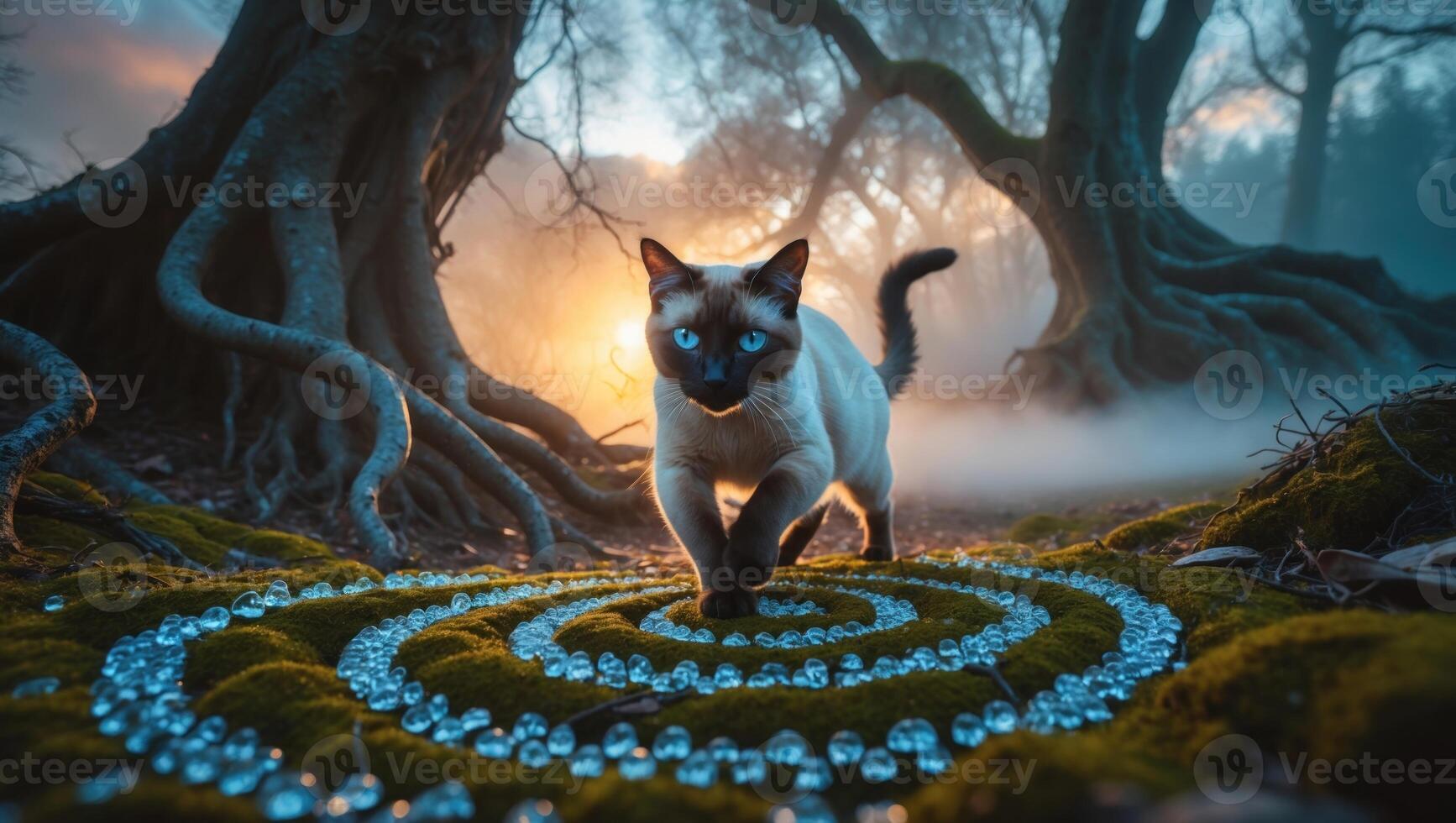 A Siamese cat gracefully walks through a mystical forest, surrounded by sparkling gems and fog photo