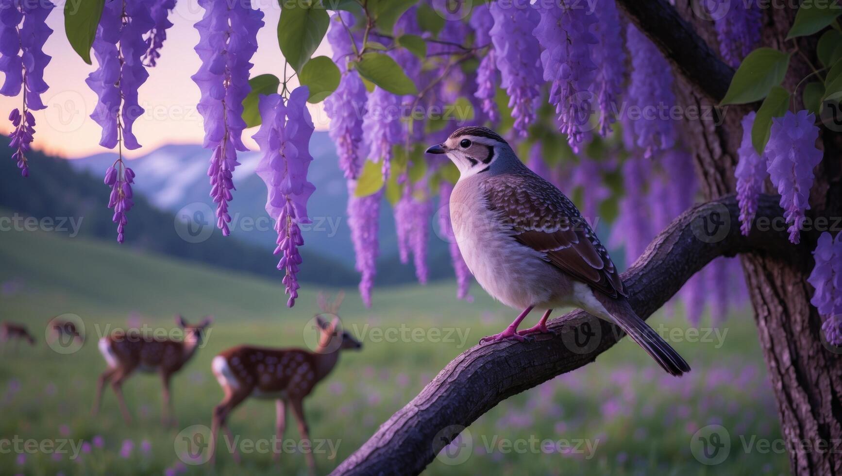 A serene scene featuring a bird perched on a branch under blooming wisteria, with deer grazing in the background photo