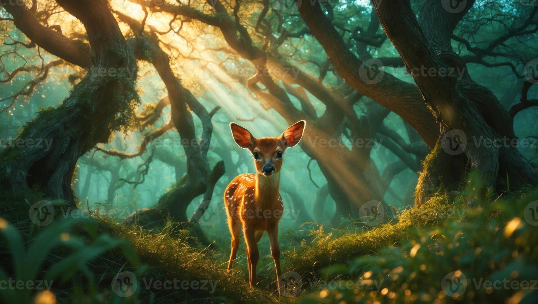 A young deer stands in a mystical forest illuminated by sunlight filtering through twisted trees photo