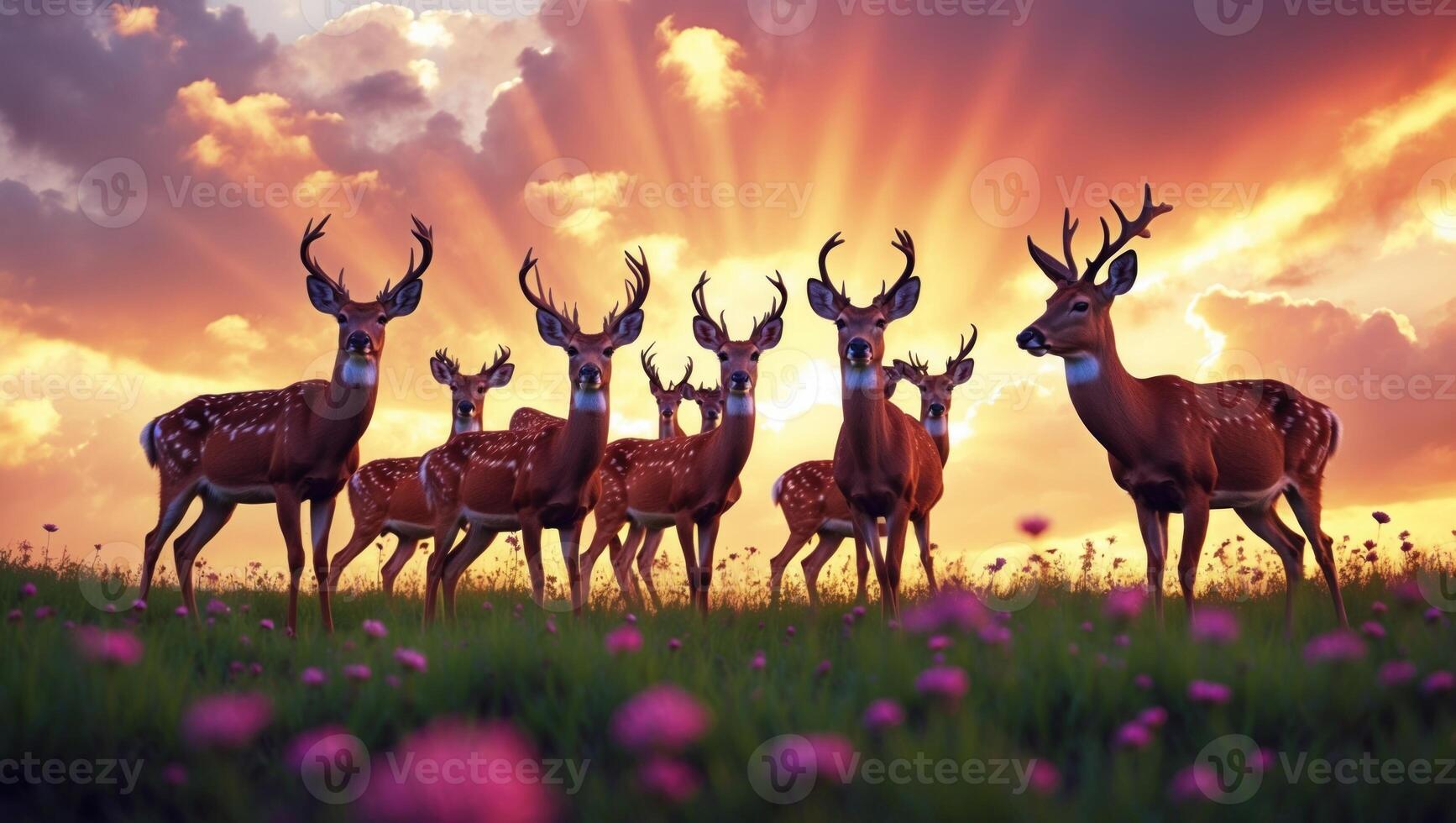 A serene gathering of deer in a vibrant meadow at sunset, surrounded by blooming flowers and dramatic clouds photo