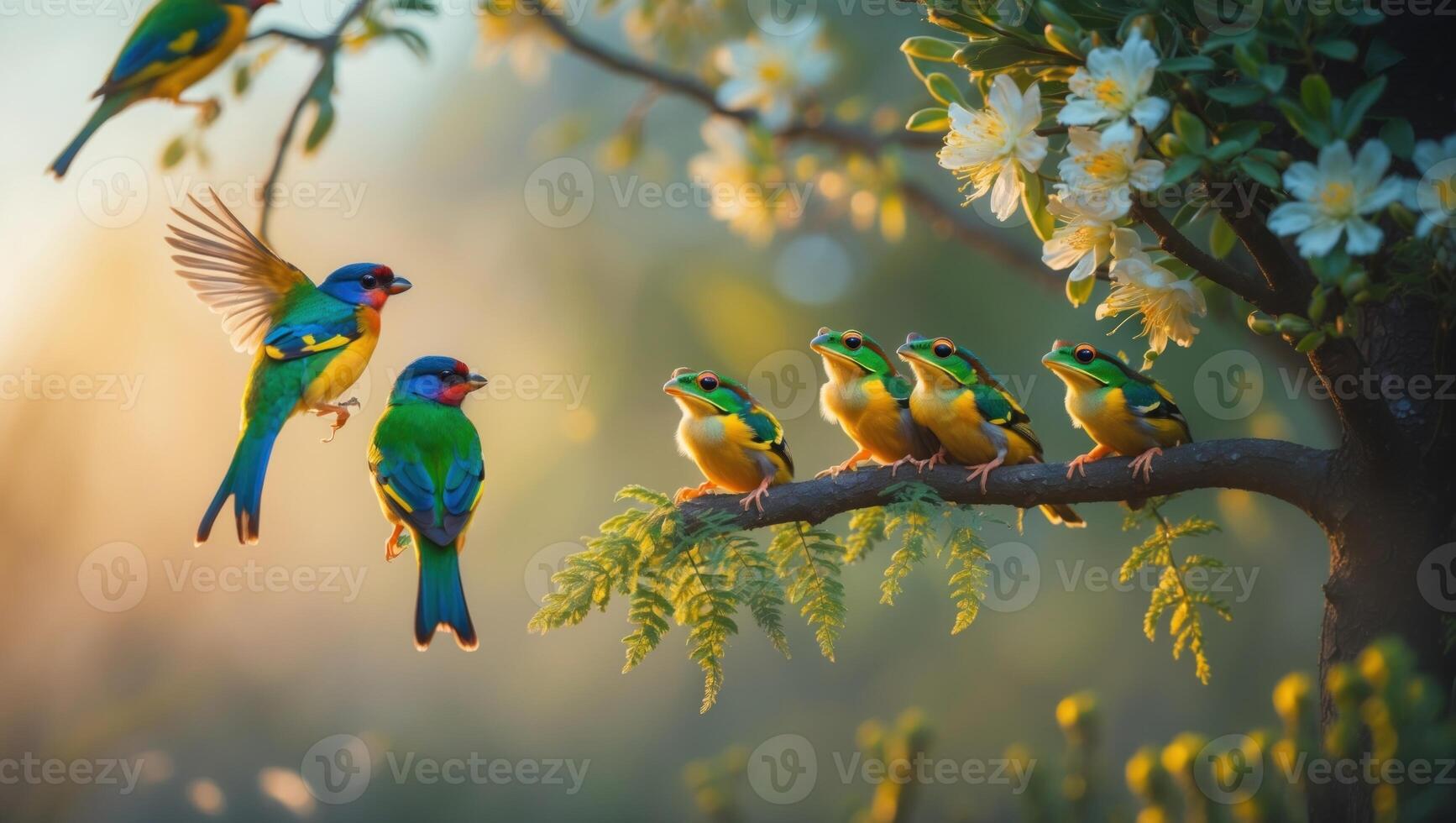 Colorful birds perched on a branch with blooming flowers, enjoying the sunrise in a serene environment photo