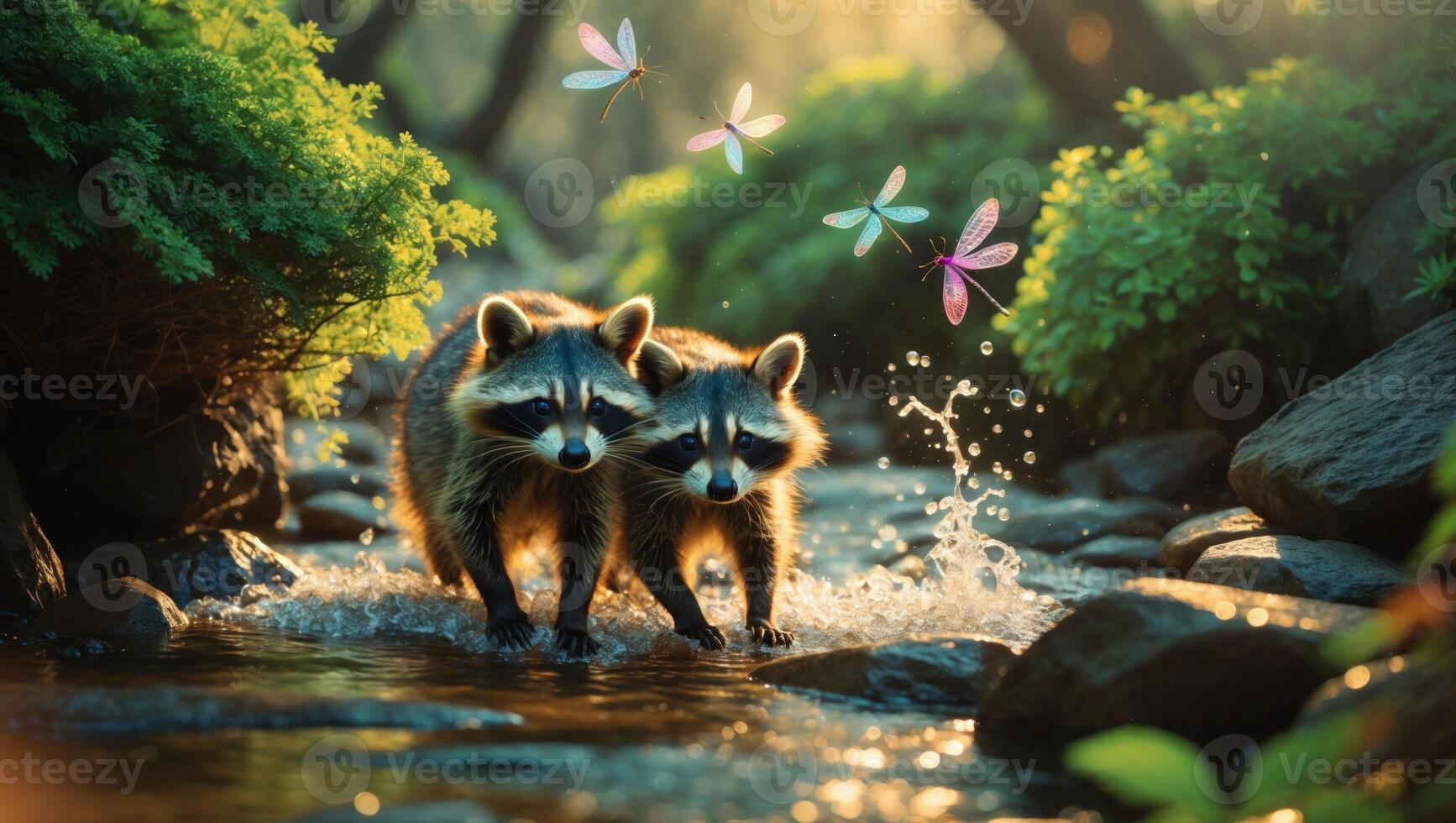 Two raccoons playfully walking through a sunlit stream, surrounded by lush greenery and butterflies photo