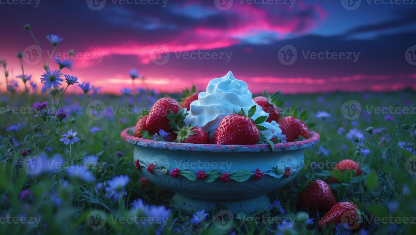 A vibrant bowl of fresh strawberries topped with whipped cream in a colorful sunset field photo