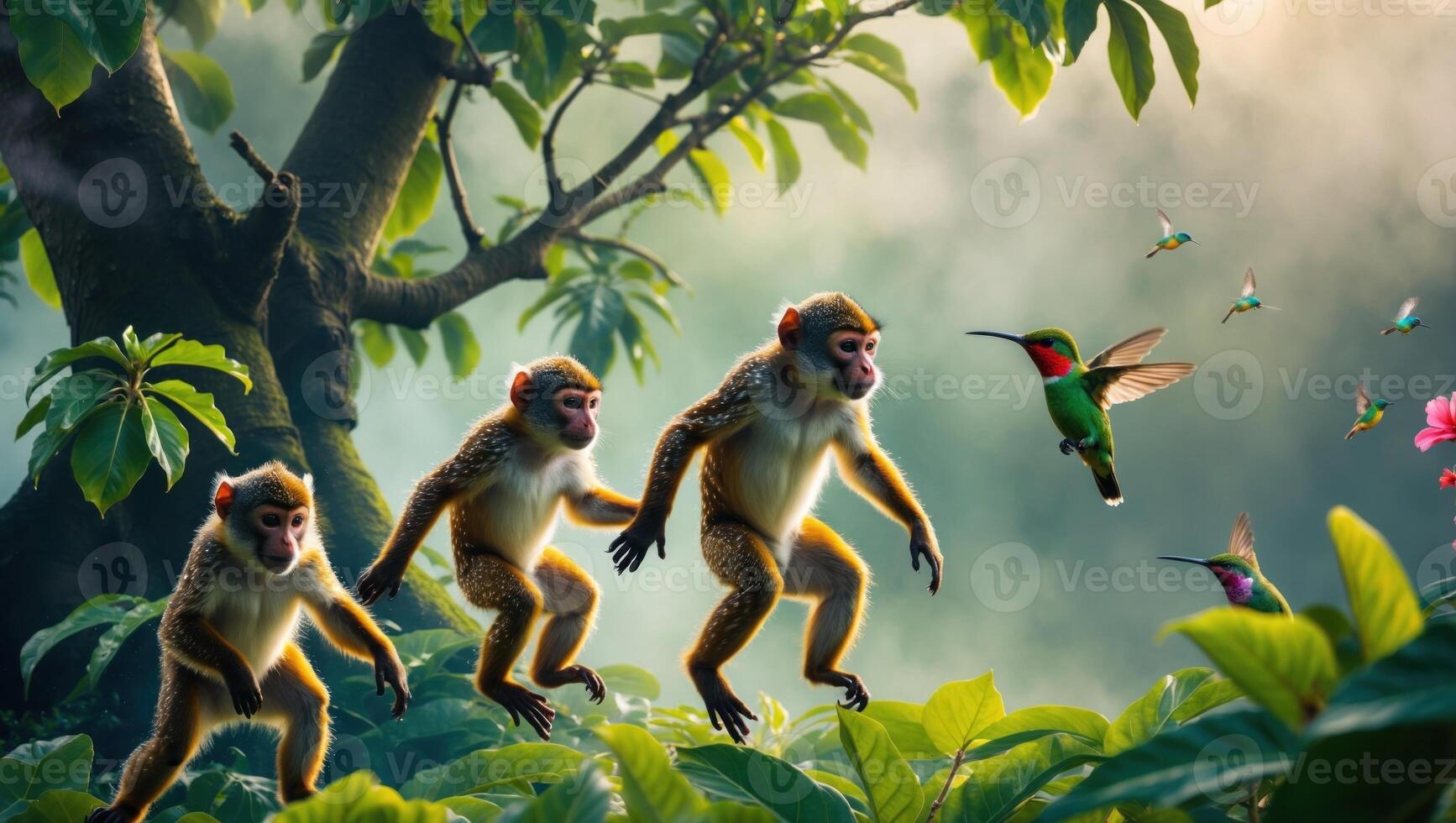 Three monkeys playfully interact in a lush jungle, while a hummingbird flits among vibrant flowers photo