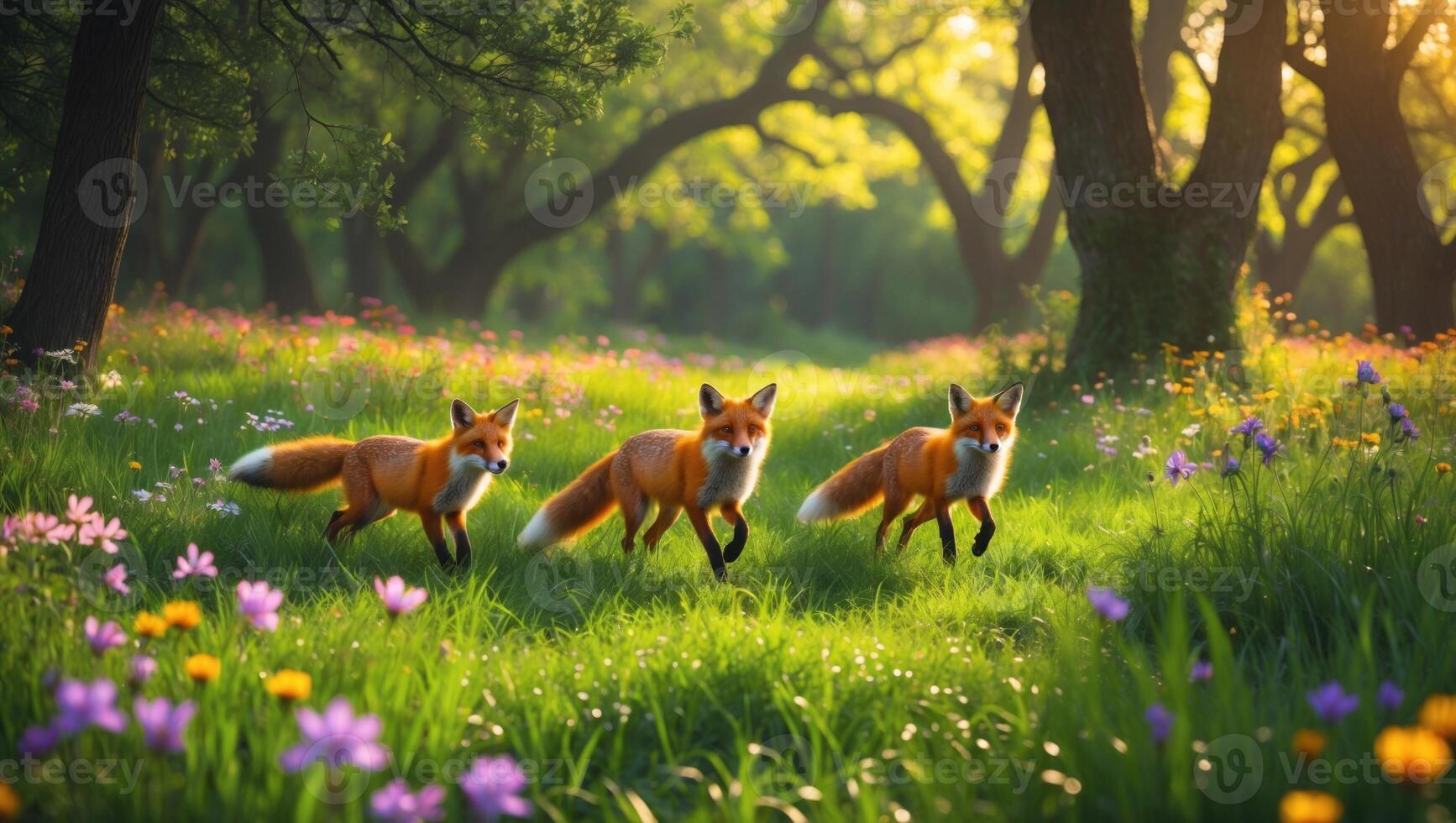 Three foxes walking through a vibrant flower-filled meadow in a sunlit forest during spring photo