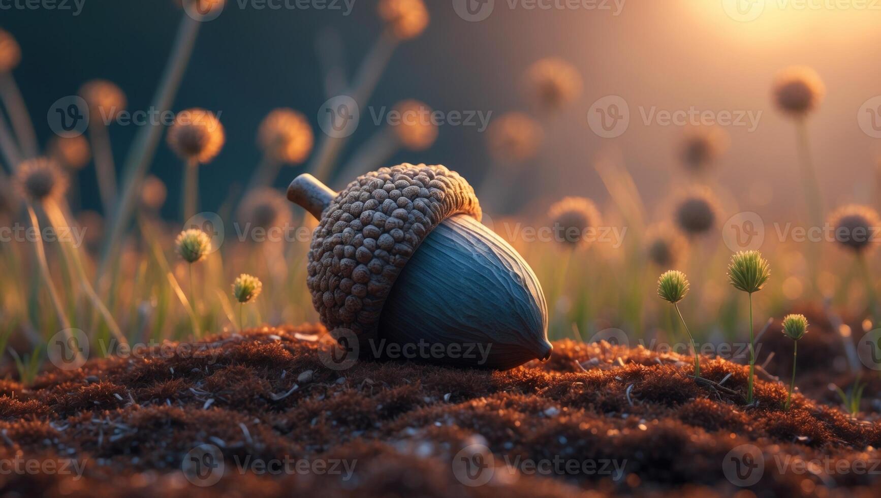 Acorn resting on mossy ground surrounded by wildflowers at sunset, capturing nature's tranquility photo