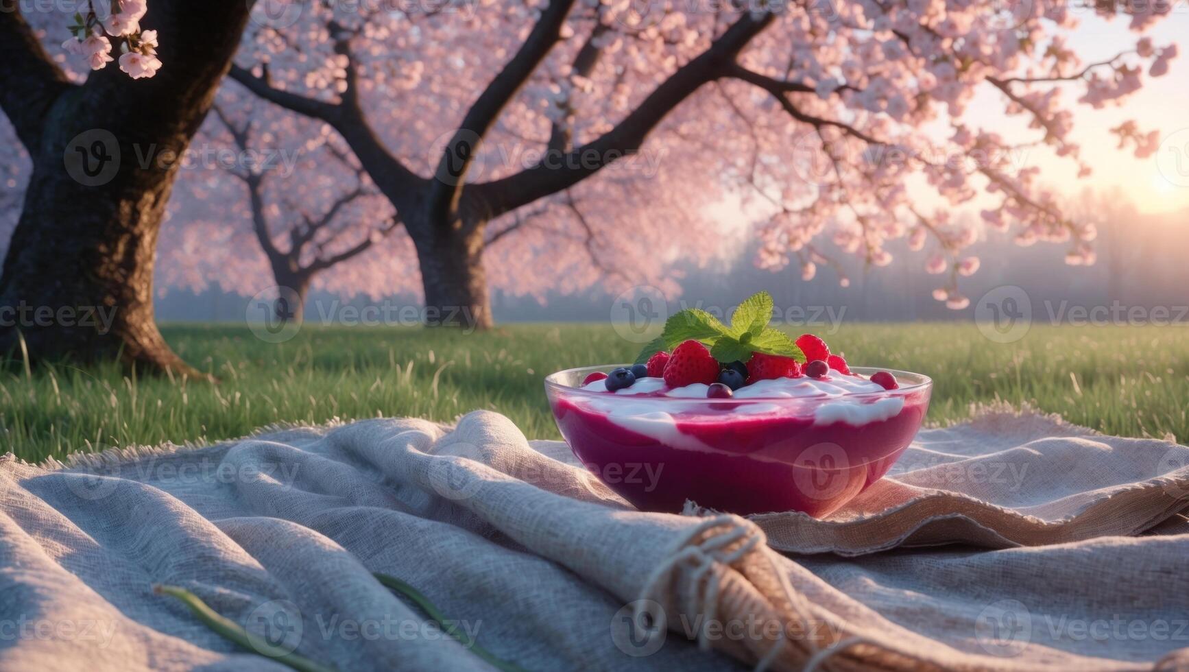 Vibrant fruit yogurt bowl placed on a blanket under blooming cherry trees during sunrise photo