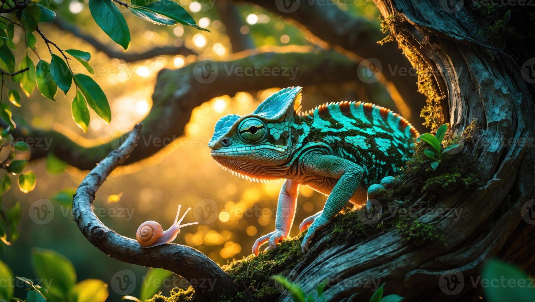 Colorful chameleon perched on a mossy tree branch, with a snail in the lush forest background photo