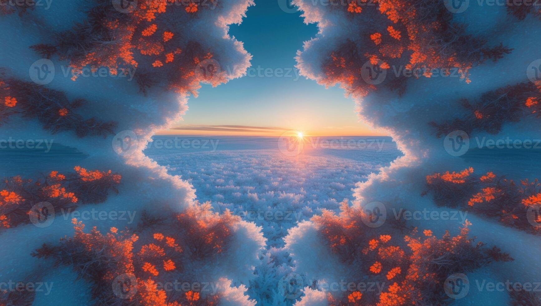 Stunning sunrise over a frosty landscape, with vibrant colors illuminating the clouds and trees photo