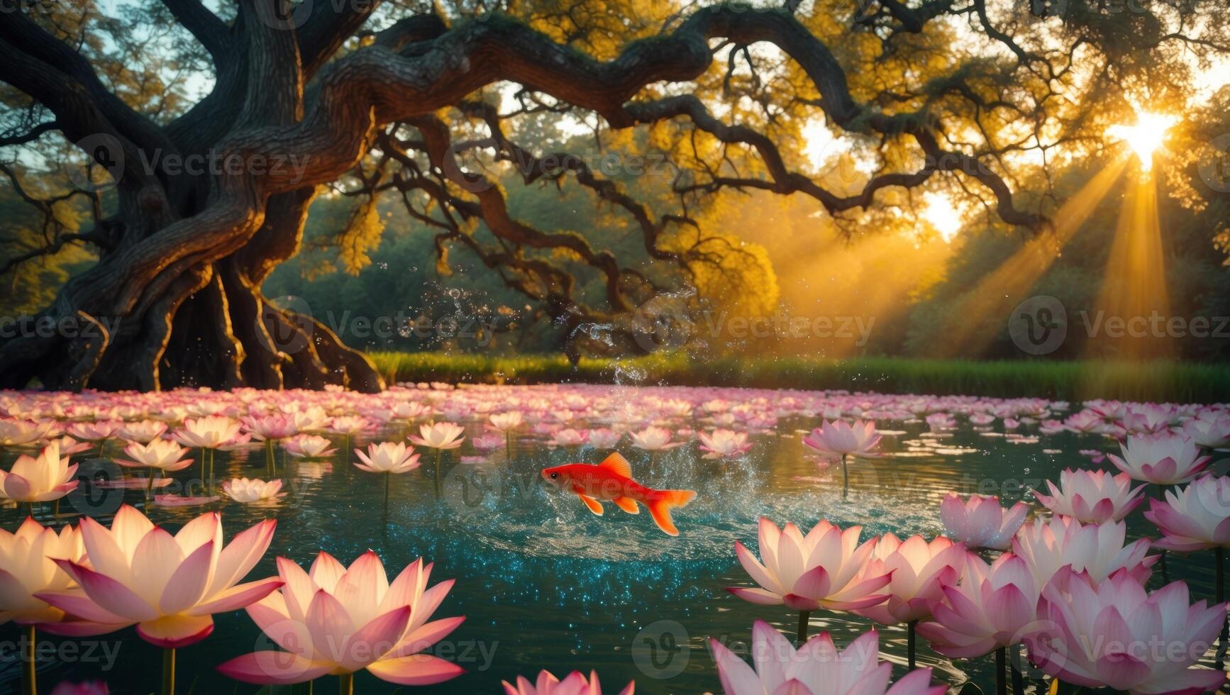Serene pond scene with blooming lotus flowers and a koi fish jumping in sunlight photo