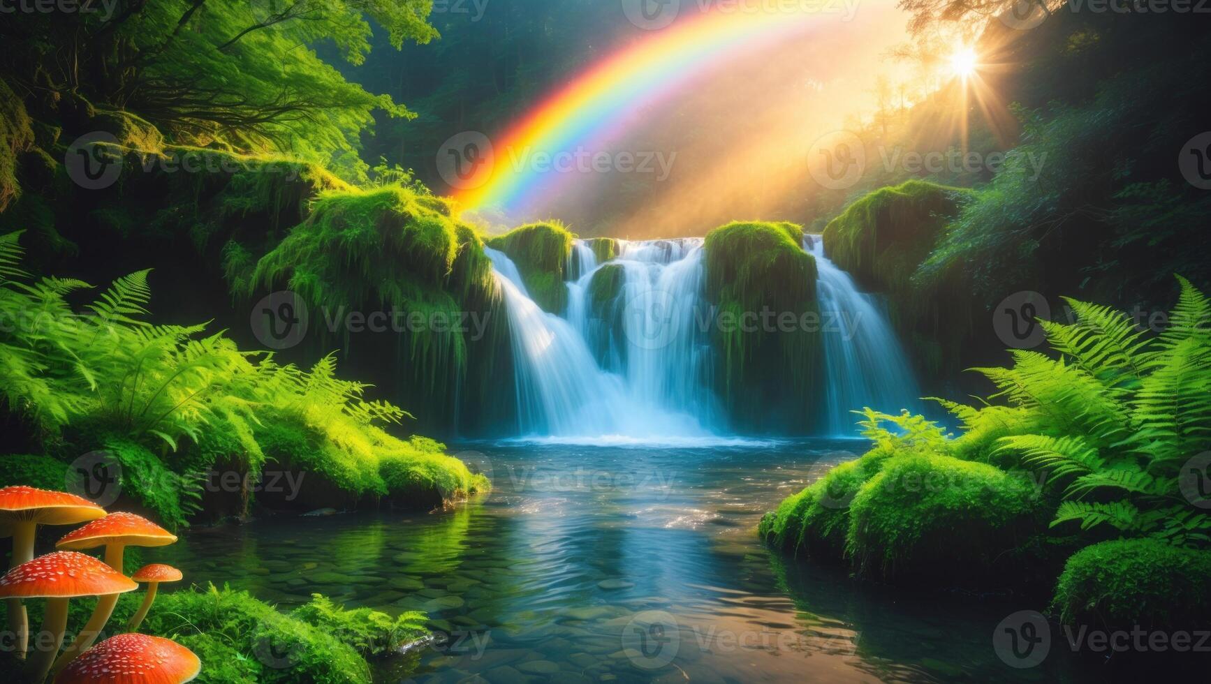 Serene waterfall cascading into a tranquil pool, surrounded by lush greenery and vibrant mushrooms, with a rainbow arching across the sky photo