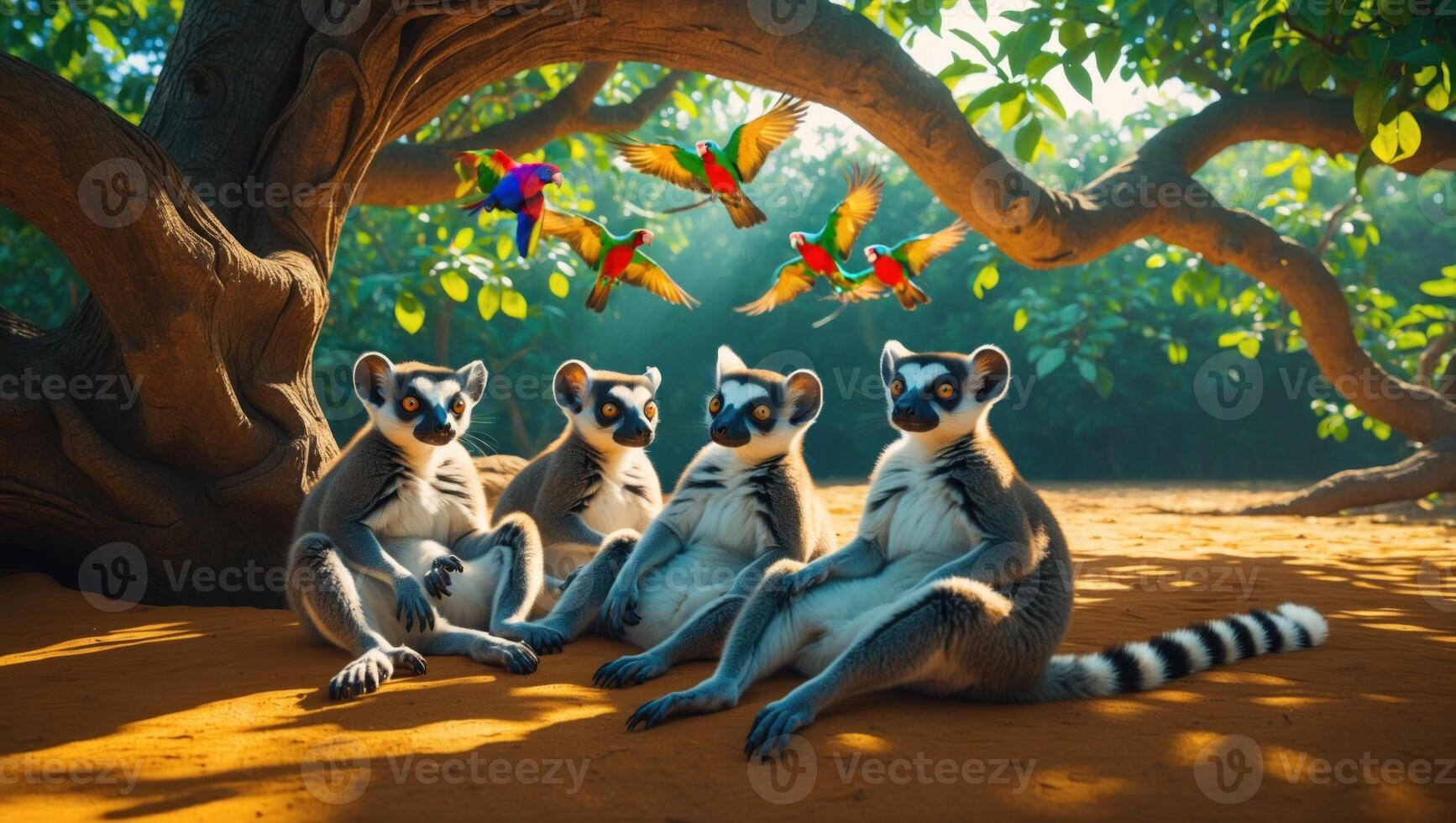 Four playful lemurs lounging under a vibrant tree, surrounded by colorful birds in a sunny setting photo