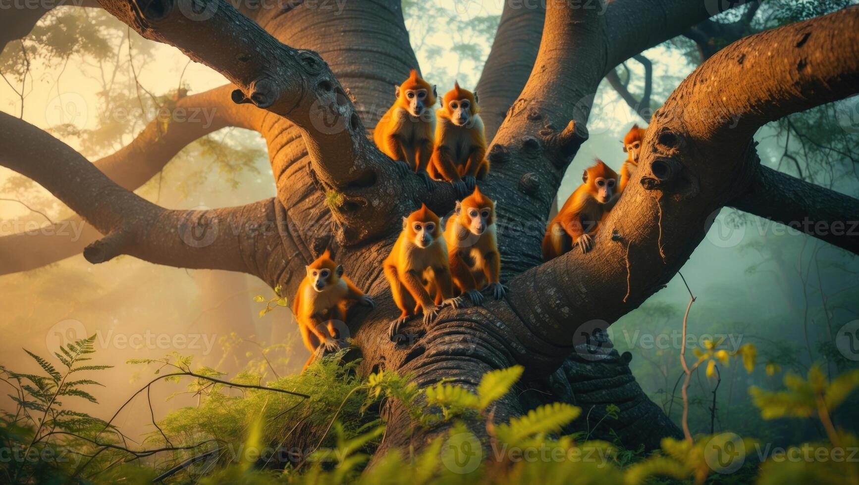 A group of playful monkeys perched on a large tree branch in a misty forest during sunrise photo