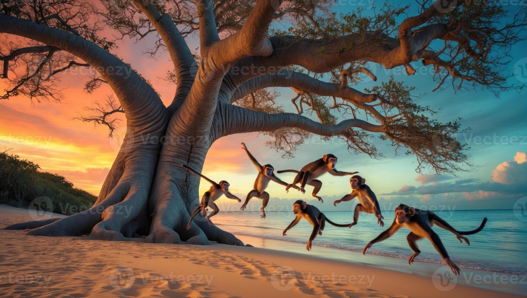 Playful monkeys swinging from a large tree at sunset on a tranquil beach, with vibrant colors in the sky photo