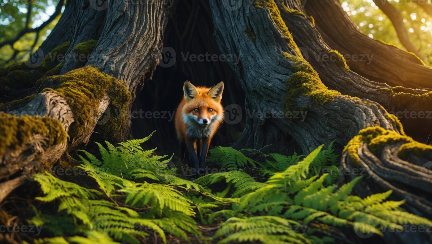 A vibrant red fox emerging from a mossy tree hollow surrounded by lush ferns in a sunlit forest photo