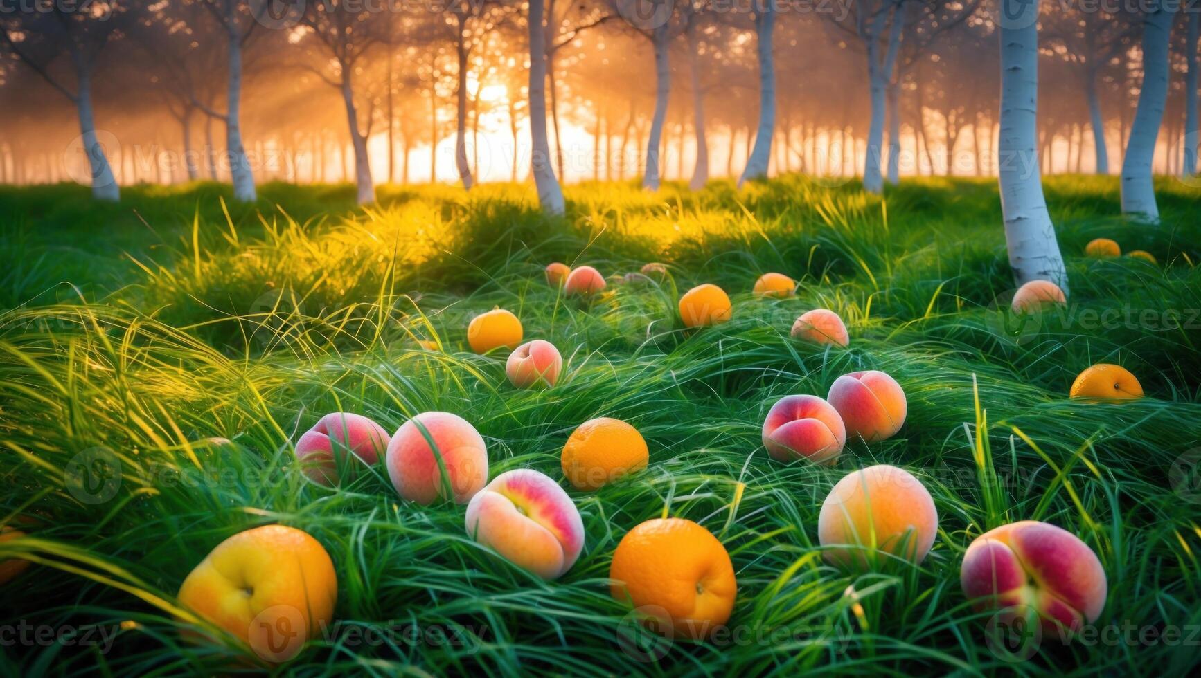 Vibrant orchard scene with ripe peaches scattered on lush green grass under a glowing sunset photo