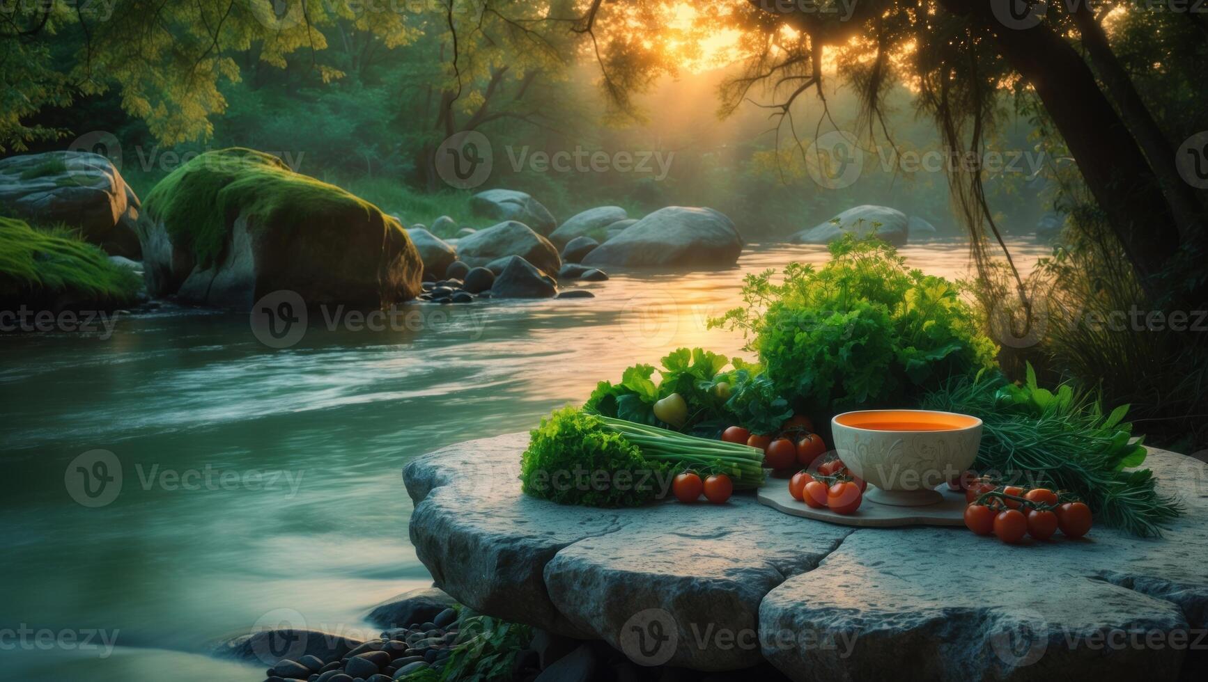 Fresh vegetables and a bowl of soup arranged on a stone table by a serene river at sunset photo