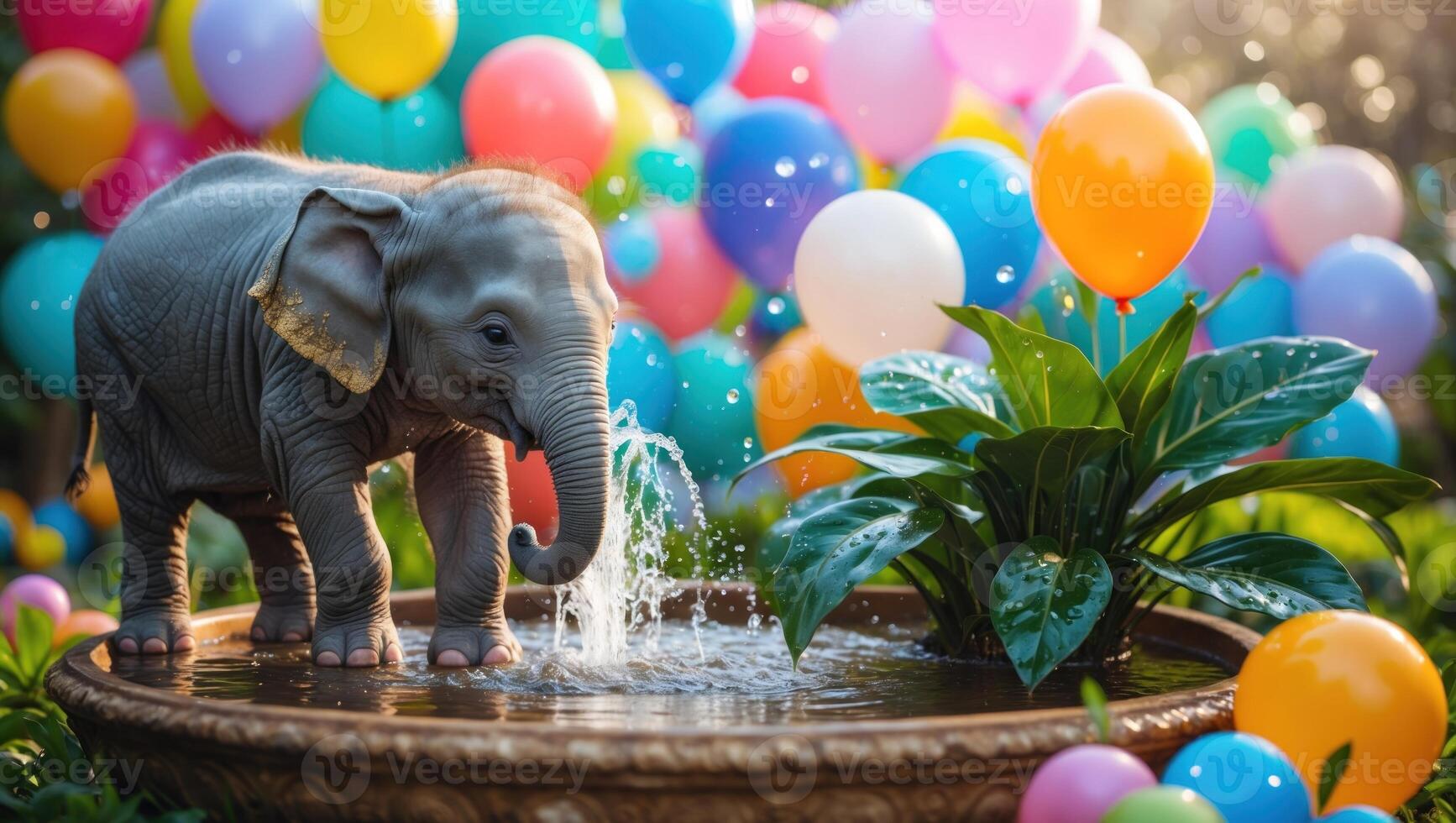 Playful baby elephant splashing water in a festive garden surrounded by colorful balloons photo