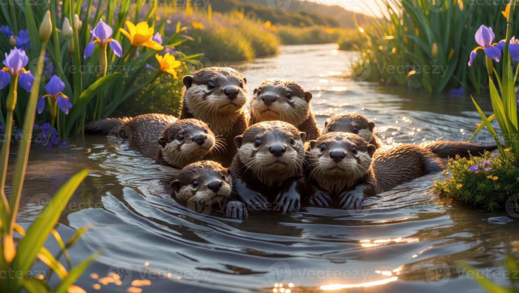 Group of playful otters swimming together in a serene river surrounded by vibrant flowers at sunset photo