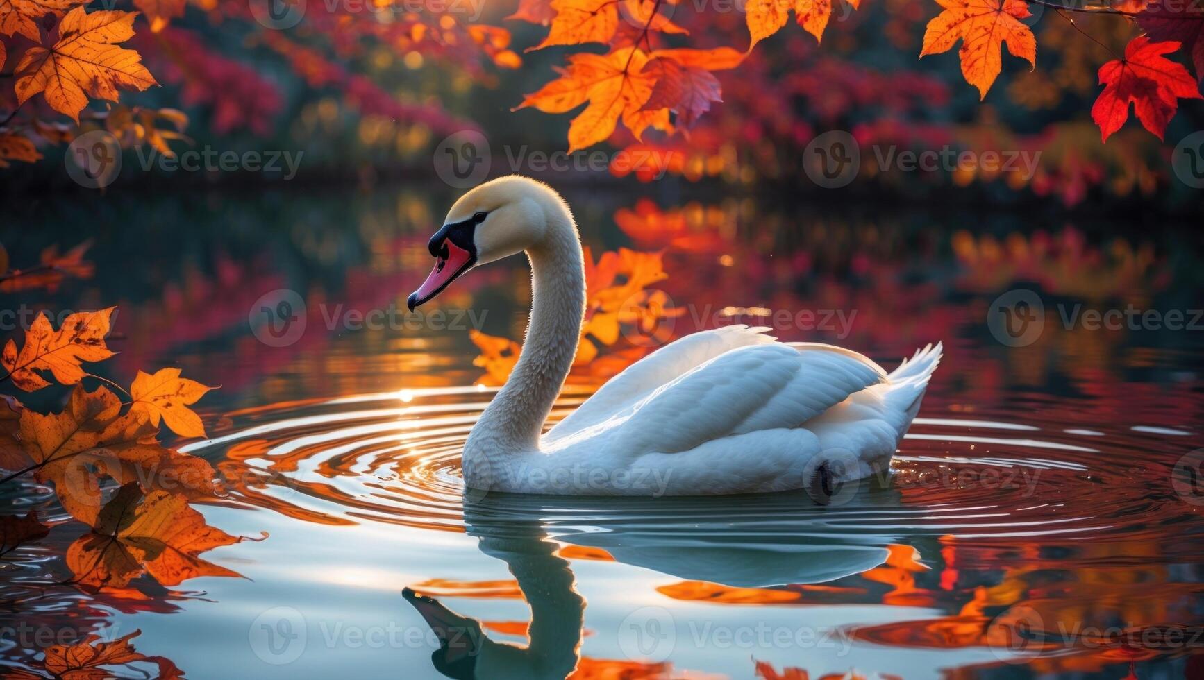 Elegant swan gliding through serene water surrounded by vibrant autumn leaves in a tranquil setting photo