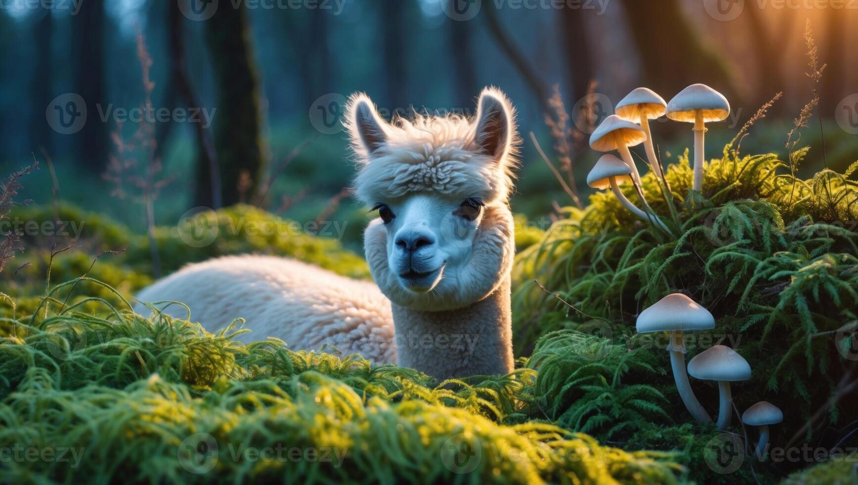 A serene alpaca resting in lush green moss surrounded by mushrooms in a tranquil forest setting photo