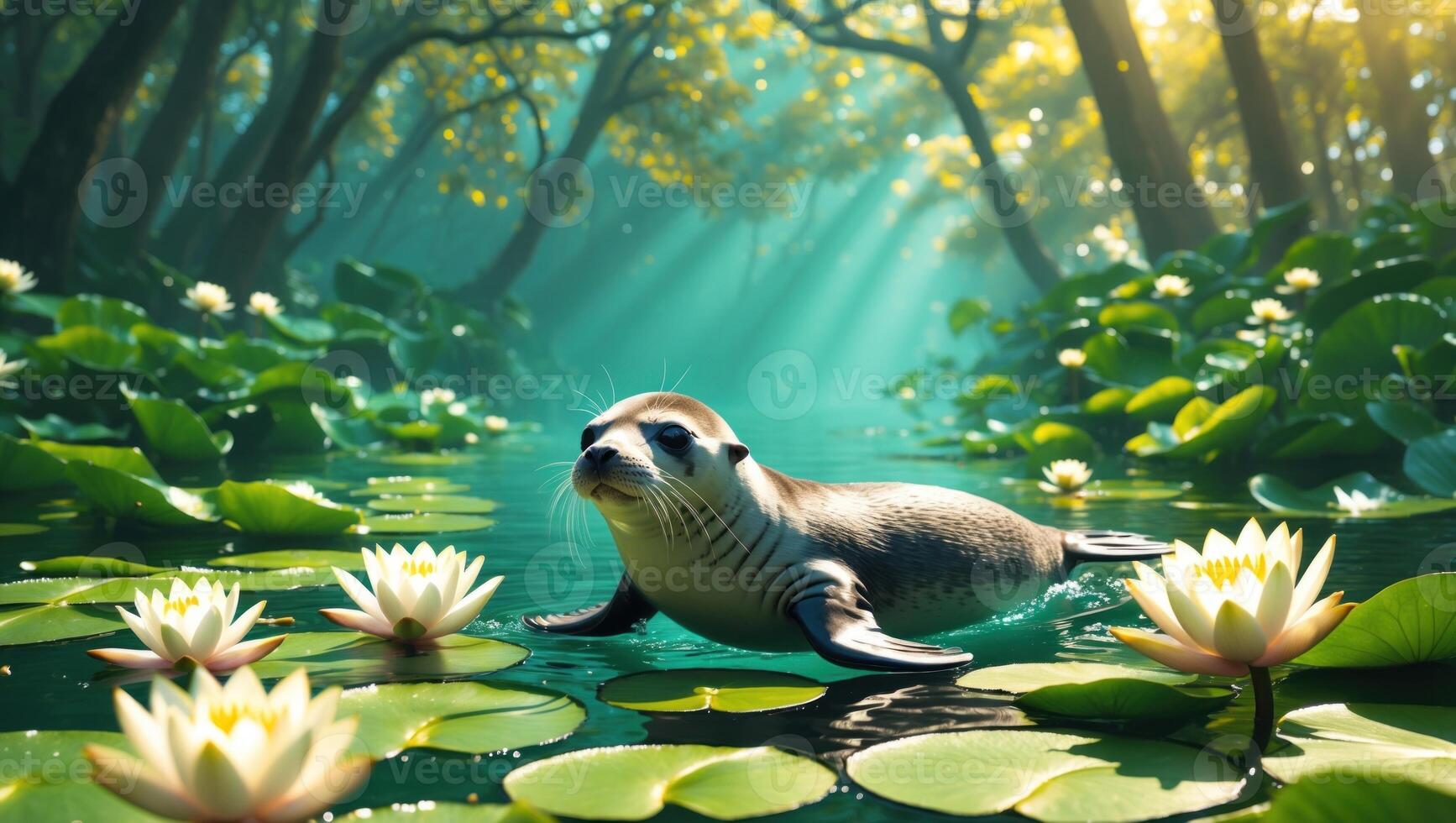 Playful seal swimming among lily pads in a serene forest lake, sunlight filtering through trees photo