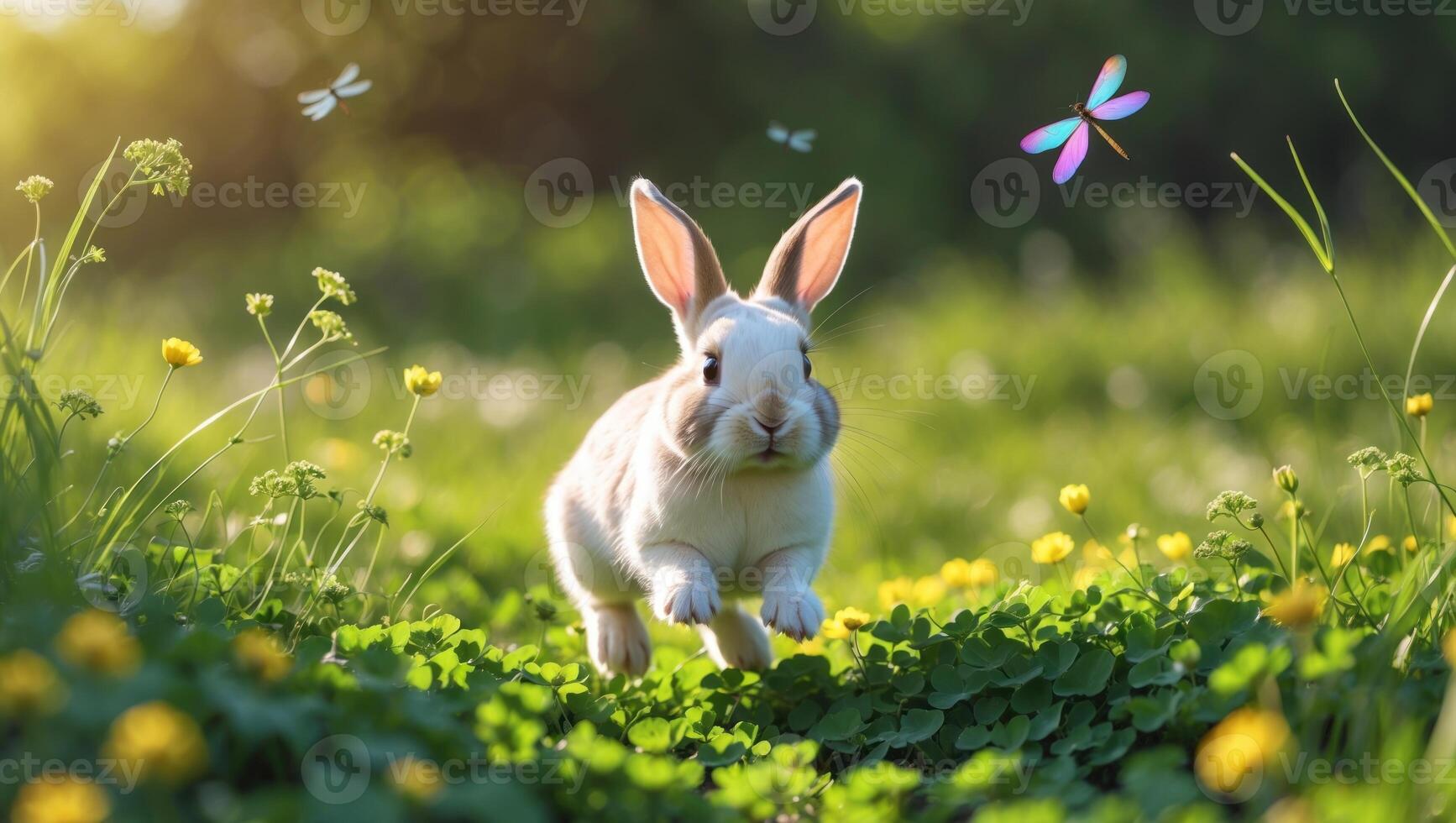 Playful rabbit hopping through a vibrant meadow filled with flowers and fluttering dragonflies photo