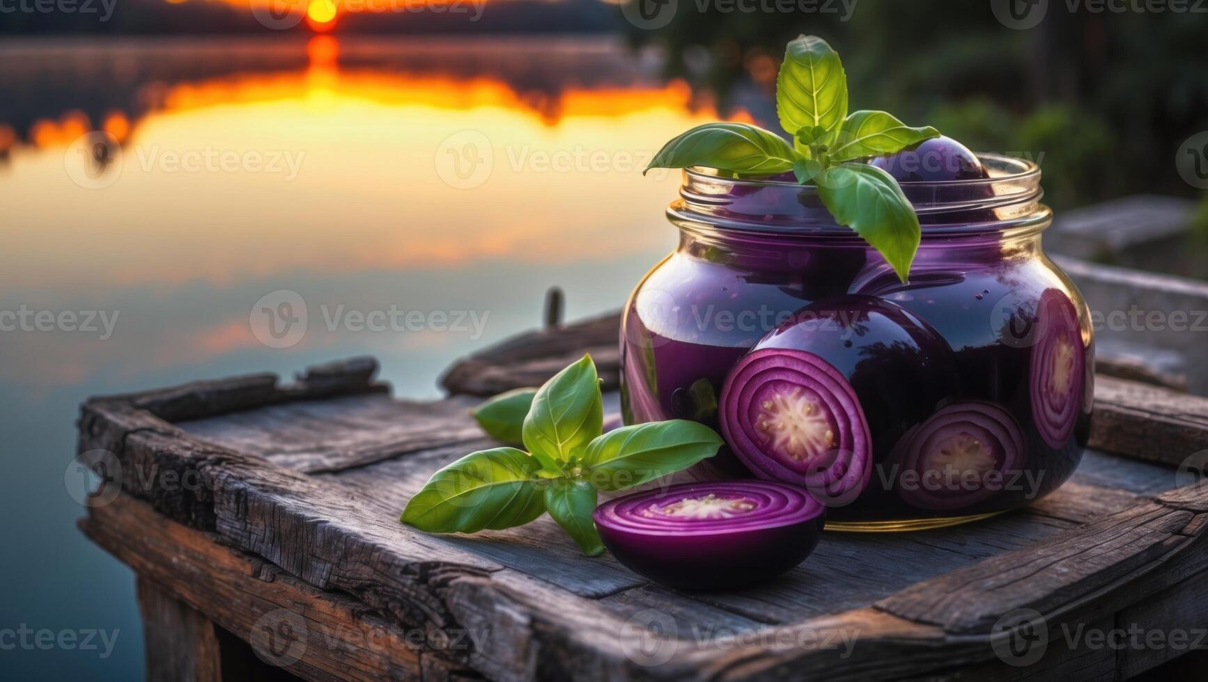 Jar of pickled purple onions with fresh basil on a rustic wooden table by a serene lake at sunset photo