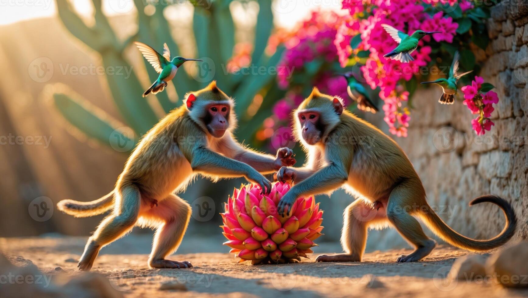 Two playful monkeys engaging with a vibrant fruit in a colorful garden filled with flowers and cacti photo