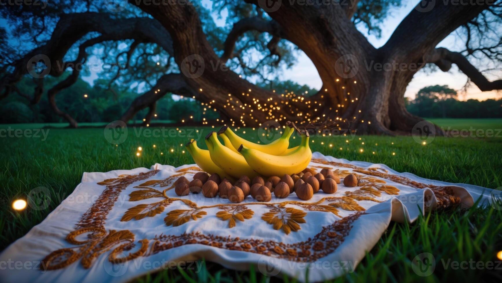 A serene picnic scene under a large tree featuring bananas and nuts on a decorative cloth, with glowing lights photo