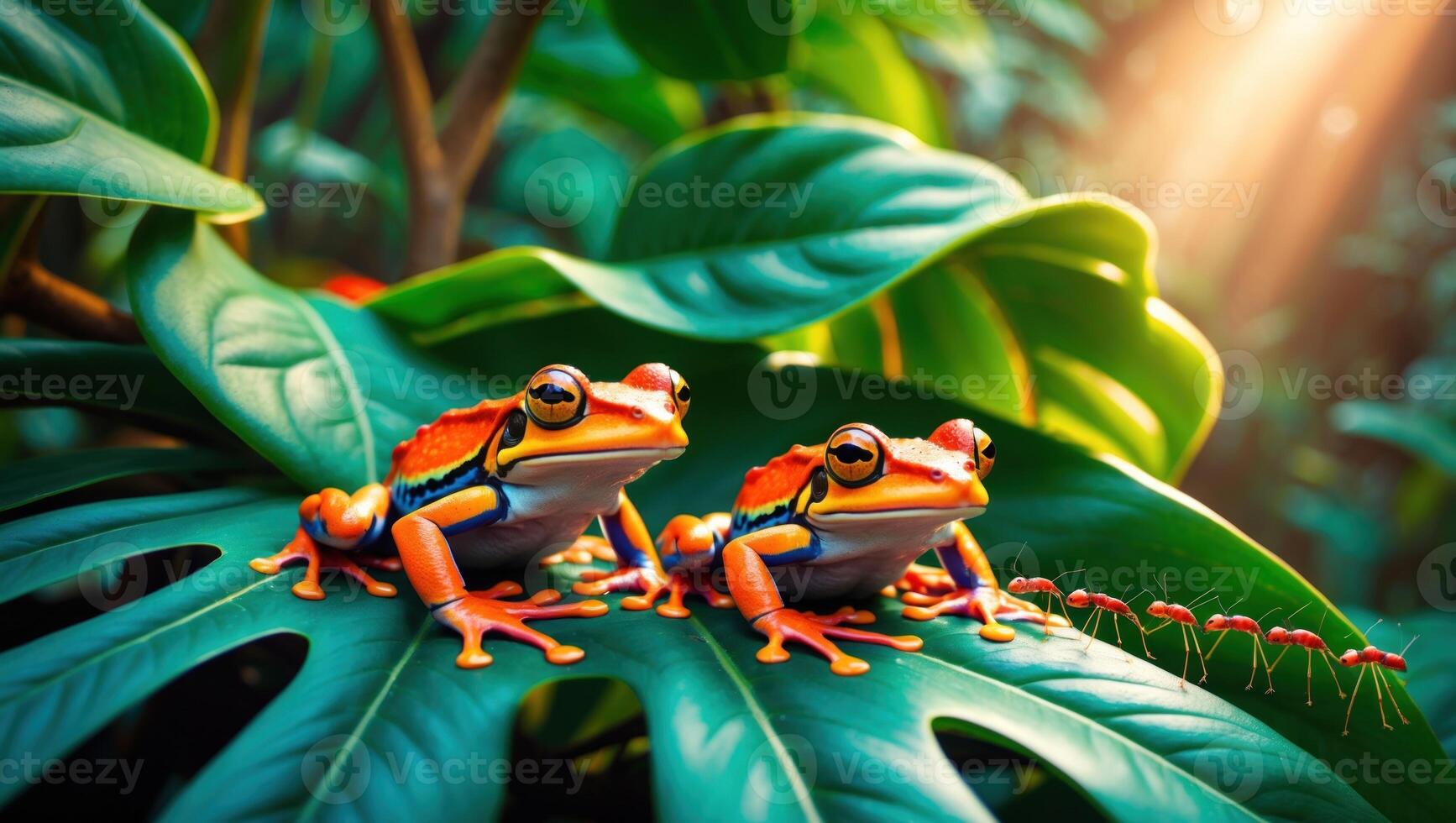 Vibrant frogs perched on lush green leaves in a tropical rainforest, illuminated by soft sunlight photo