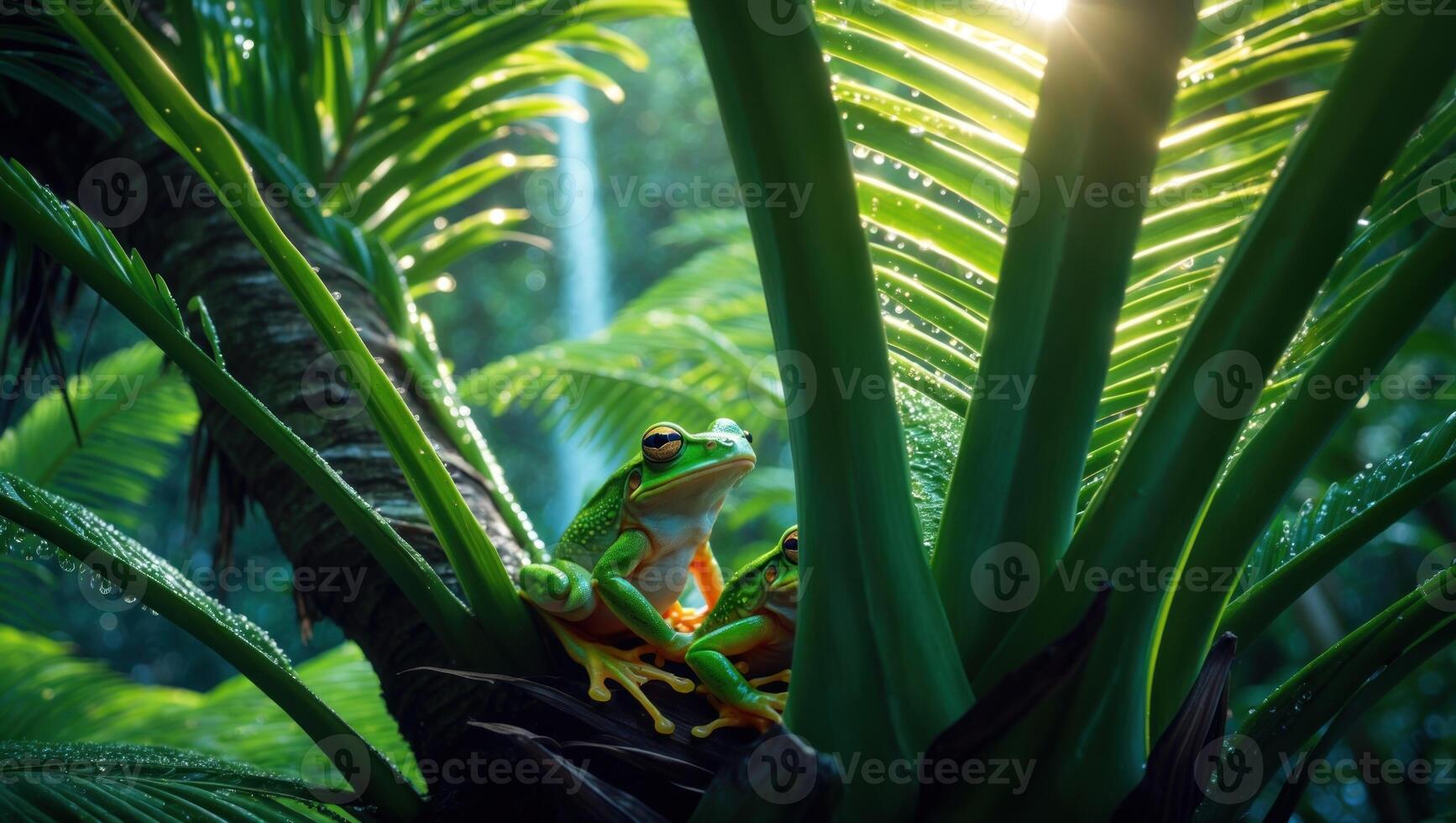 Vibrant green frogs resting on lush tropical leaves in a serene rainforest with sunlight filtering through photo