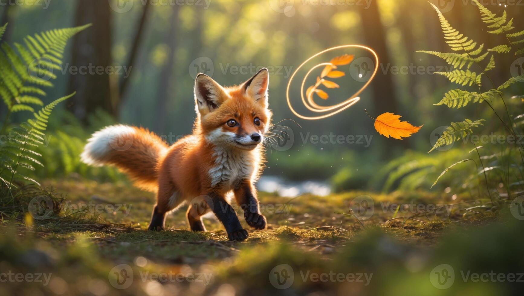 Playful fox running through a sunlit forest with autumn leaves floating in the air photo
