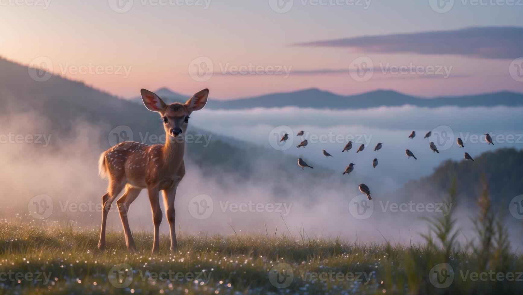 Serene fawn standing in a misty meadow at dawn, surrounded by birds flying in the background photo
