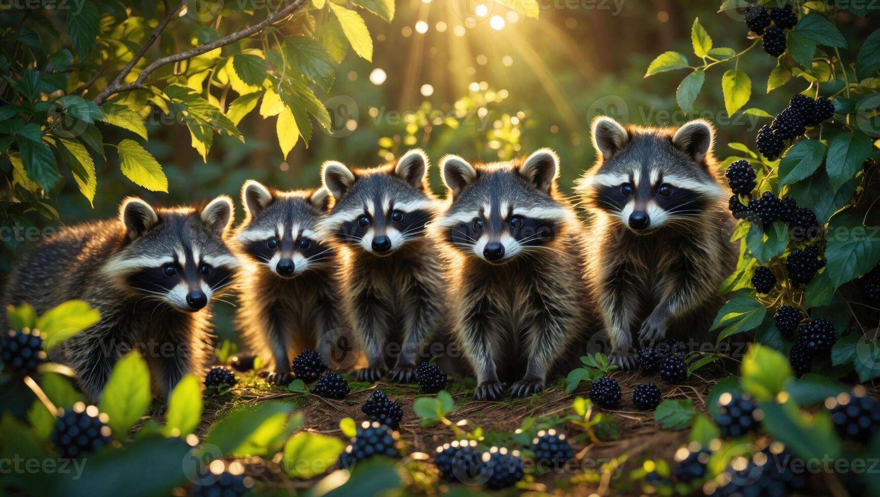 Five raccoons gathered around blackberries in a lush forest, illuminated by soft sunlight photo